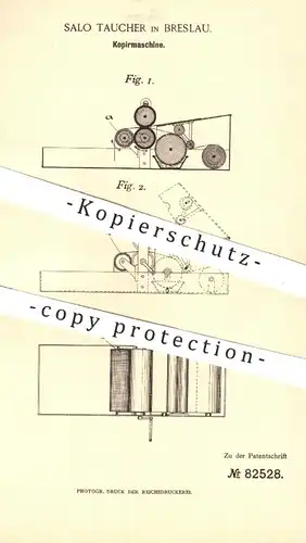 original Patent - Salo Taucher , Breslau , 1894 , Kopiermaschine | Kopieren , Kopierer , Papier , Walze , Druck !!!