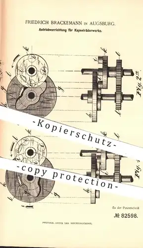original Patent - Friedrich Brackemann , Augsburg , 1893 , Antrieb für Kapselräderwerke | Dampfmaschine , Kapselräder !!