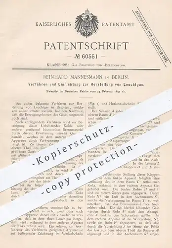 original Patent - Reinhard Mannesmann , Berlin , 1891 , Herstellung von Leuchtgas | Gas , Steinkohle , Koks , Kohle !!