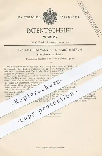 original Patent - Richard Henkmann , S. Hahn , Berlin , 1890 , Flaschenverschluss | Verschluss für Flasche , Flaschen !!