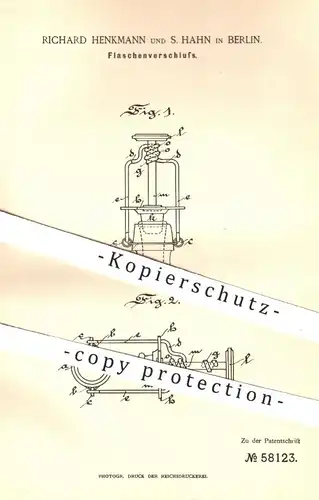 original Patent - Richard Henkmann , S. Hahn , Berlin , 1890 , Flaschenverschluss | Verschluss für Flasche , Flaschen !!