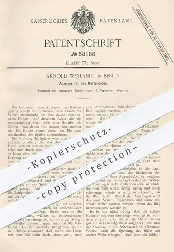 original Patent - Arnold Weylandt , Berlin , 1890 , Anzeiger für das Kartengeben | Kartenspiel , Spielkarten , Karten !!