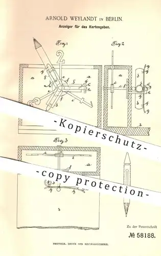 original Patent - Arnold Weylandt , Berlin , 1890 , Anzeiger für das Kartengeben | Kartenspiel , Spielkarten , Karten !!