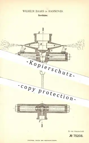 original Patent - Wilhelm Baars in Hannover , 1893 , Zerstäuber für Medizin , Gesundheit | Gasstrom , Arzt , Parfum !!