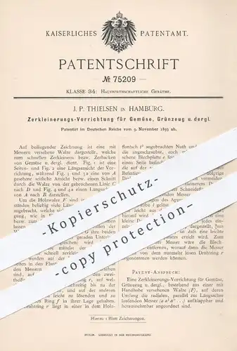 original Patent - J. P. Thielsen , Hamburg , 1893 , Zerhacken u. Zerkleinern von Gemüse | Küchenmaschine , Mühle !!!