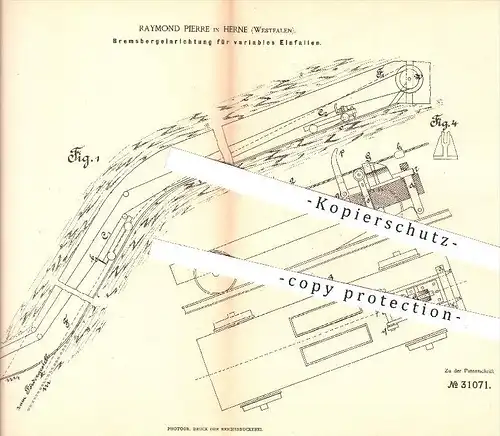 original Patent - Raymond Pierre , Herne , 1884 , Bremsbergeinrichtung | Berkwerk , Bergbau , Steinkohle , Kohleabbau !!