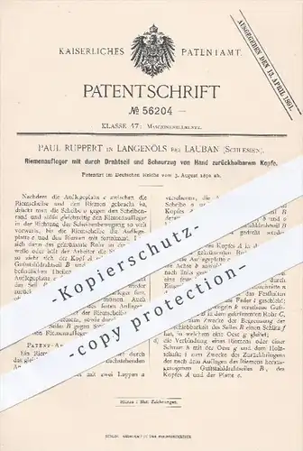 original Patent - Paul Ruppert , Langenöls / Lauban , Schlesien , 1890 , Riemenaufleger mit Drahtseil u. Schnurzug !!!