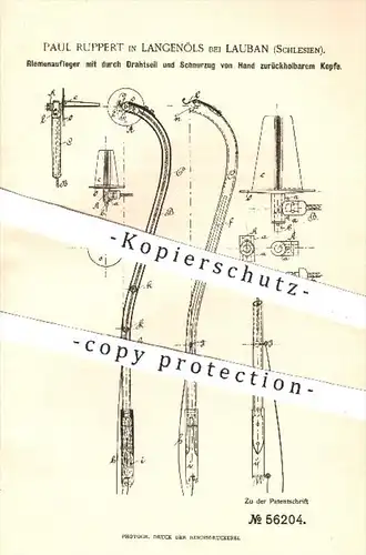 original Patent - Paul Ruppert , Langenöls / Lauban , Schlesien , 1890 , Riemenaufleger mit Drahtseil u. Schnurzug !!!