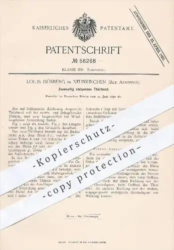 original Patent - Louis Düsberg , Neunkirchen , Arnsberg  , 1890 , Zweiseitig steigendes Türband | Tür , Türen , Schloss