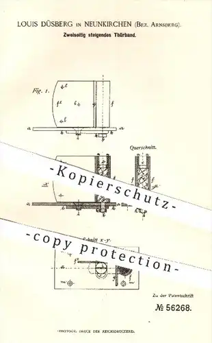 original Patent - Louis Düsberg , Neunkirchen , Arnsberg  , 1890 , Zweiseitig steigendes Türband | Tür , Türen , Schloss