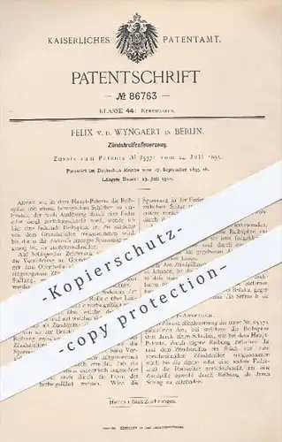 original Patent - Felix v. d. Wyngaert , Berlin 1895 , Zündstreifenfeuerzeug , Feuerzeug | Feuer , Zündung  Zündstreifen