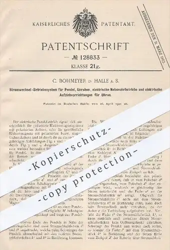 original Patent - C. Bohmeyer , Halle / Saale , 1901 , Stromwechsel - Betriebssystem für Pendel , Unruhen , Uhren | Uhr