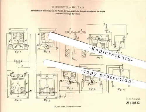 original Patent - C. Bohmeyer , Halle / Saale , 1901 , Stromwechsel - Betriebssystem für Pendel , Unruhen , Uhren | Uhr