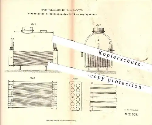 original Patent - Bartholomäus Kodl , Radotin , 1882 , Heizröhrensystem für Verdampfapparate | Zuckerfabrik , Zucker !!