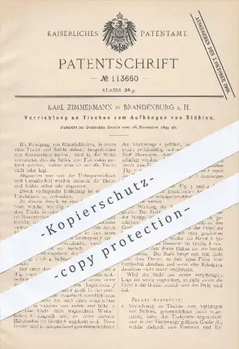original Patent - Karl Zimmermann , Brandenburg / Havel , 1899 , Tische zum Aufhängung für Stühle | Tisch , Stuhl !!!