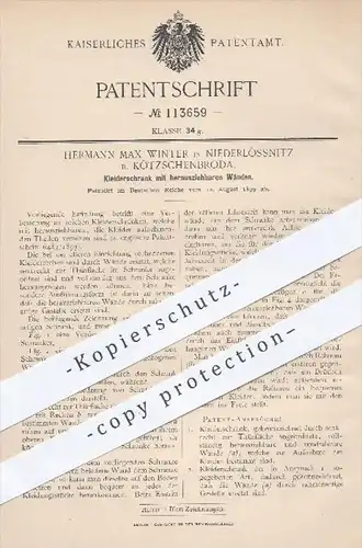 original Patent - H. Max Winter , Niederlössnitz / Kötzschenbroda , 1899 , Kleiderschrank | Schrank , Möbel , Möbelbauer
