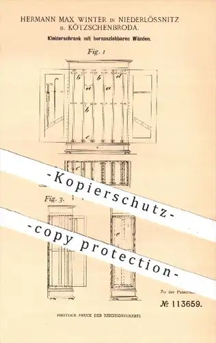 original Patent - H. Max Winter , Niederlössnitz / Kötzschenbroda , 1899 , Kleiderschrank | Schrank , Möbel , Möbelbauer