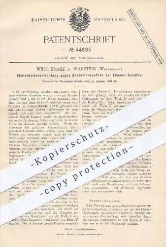 original Patent - Wilh. Knabe in Warstein , 1888 , Schutz vor Explosionsgefahr bei Zimmer - Gasöfen | Ofen , Öfen , Gas