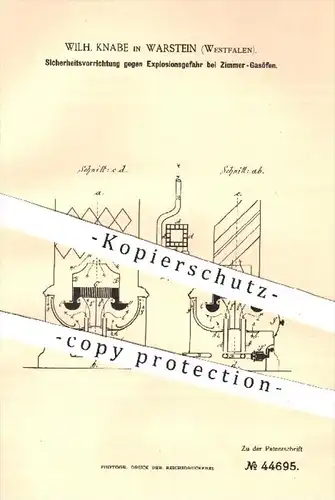 original Patent - Wilh. Knabe in Warstein , 1888 , Schutz vor Explosionsgefahr bei Zimmer - Gasöfen | Ofen , Öfen , Gas