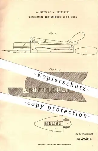 original Patent - A. Droop , Bielefeld 1887 , Stempeln von Fleisch | Stempel , Werkzeug , Fleischerei , Tier , Tierzucht