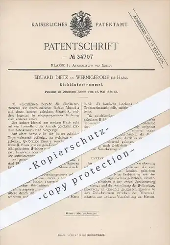 original Patent - Eduard Dietz , Wernigerode / Harz , 1885 , Siebläutertrommel | Eisen , Erze , Mineralien !!!