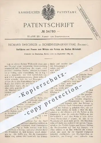 original Patent - Richard Drechsler , Hohenstein Ernstthal , 1885 , Presse zum Wirken von Fersen am flachen Wirkstuhl