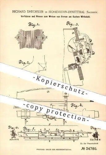 original Patent - Richard Drechsler , Hohenstein Ernstthal , 1885 , Presse zum Wirken von Fersen am flachen Wirkstuhl