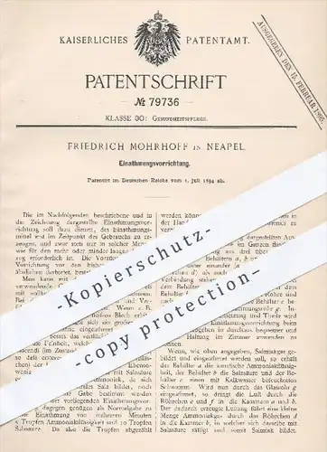 original Patent - Friedrich Mohrhoff , Neapel , 1894 , Einatmungsvorrichtung | Atmung , Atmen , Medizin , Atmungsgerät !