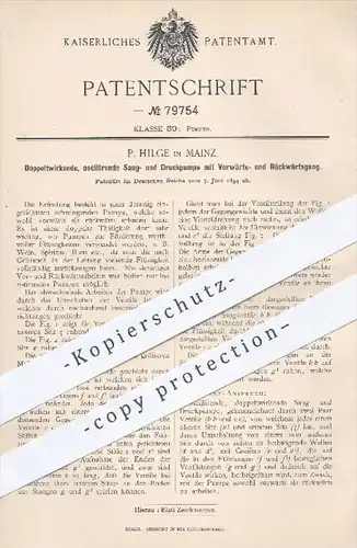 original Patent - P. Hilge , Mainz , 1894 , Doppeltwirkende oscillierende Saug- und Druckpumpe | Pumpe , Pumpen !!!