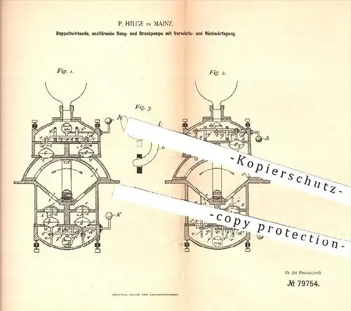 original Patent - P. Hilge , Mainz , 1894 , Doppeltwirkende oscillierende Saug- und Druckpumpe | Pumpe , Pumpen !!!