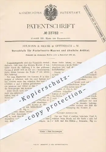 original Patent - Aulmann & Heyne , Offenbach / Main , 1882 , Verschluss für Portefeuille - Waren | Taschen , Tasche !