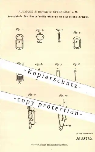 original Patent - Aulmann & Heyne , Offenbach / Main , 1882 , Verschluss für Portefeuille - Waren | Taschen , Tasche !