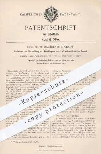 original Patent - Fr. M. Daubitz in Rixdorf , 1901 , Hohlkörper aus kalt vulkanisierendem Gummi !!!