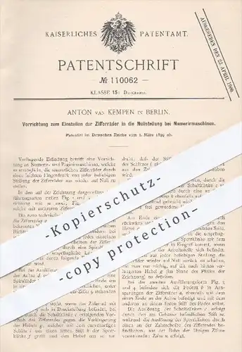 original Patent - A. van Kempen , Berlin , 1899 , Zifferräder in Nullstellung bei Nummeriermaschinen | Druckerei , Druck