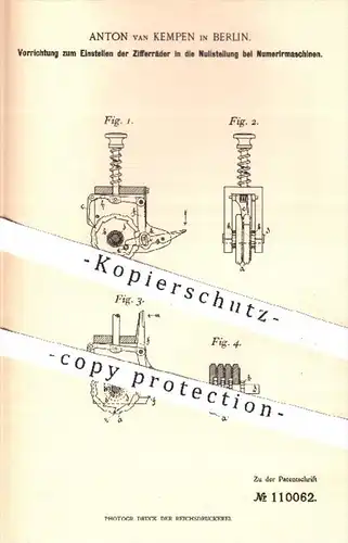 original Patent - A. van Kempen , Berlin , 1899 , Zifferräder in Nullstellung bei Nummeriermaschinen | Druckerei , Druck
