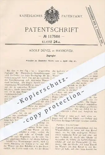 original Patent - Adolf Düvel , Hannover , 1899 , Zugregler für Niederdruck - Dampfheizungen | Heizung , Regler , Kessel