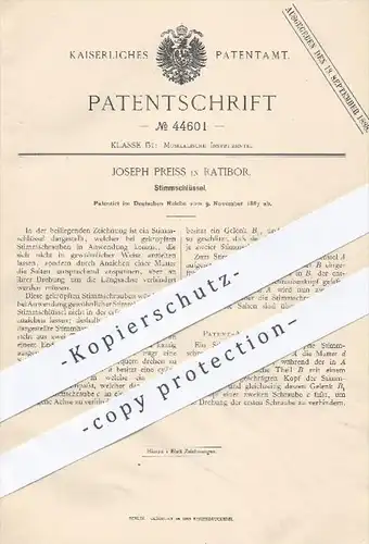 original Patent - Joseph Preiss in Ratibor , 1887 , Stimmschlüssel | Musikinstrumente stimmen , Musik , Schlüssel !!!