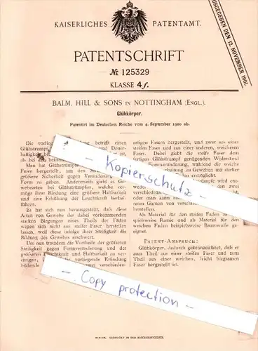 Original Patent  - Balm, Hill & Sons in Nottingham , Engl. , 1900 , Glühkörper !!!