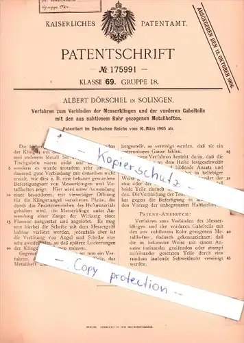 Original Patent  - Albert Dörschel in Solingen , 1905 , Verbinden der Messerklingen !!!