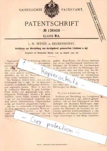 Original Patent  - L. W. Seeser in Delmenhorst , 1901 , Herstellung von Linoleum !!!