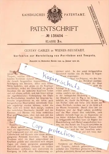 Original Patent  - Gustav Gabler in Wiener-Neustadt , 1902 , Herstellung von Perrücken !!!