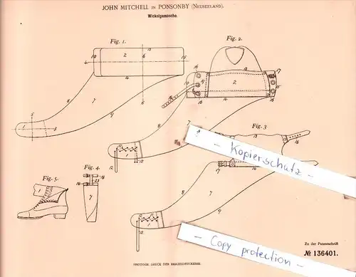 Original Patent  - John Mitchell in Ponsonby , Neuseeland , 1901 , Wickelgamasche !!!