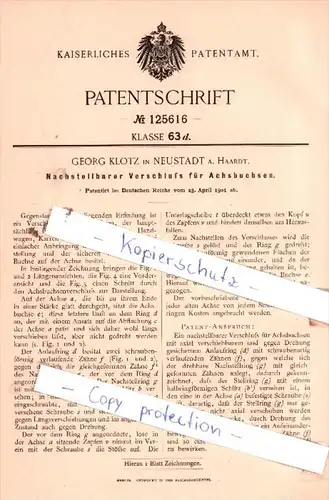 Original Patent  - Georg Klotz in Neustadt a. Haardt , 1901 , Verschluß für Achsbuchsen !!!
