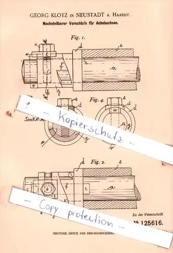 Original Patent  - Georg Klotz in Neustadt a. Haardt , 1901 , Verschluß für Achsbuchsen !!!