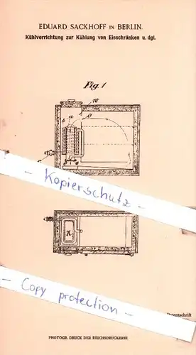 Original Patent  - Eduard Sackhoff in Berlin , 1901 , Kühlvorrichtung zur Kühlung von Eisschränken !!!