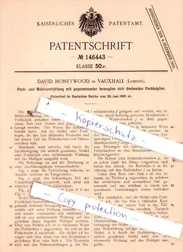Original Patent  - David Honeywood in Vauxhall , London , 1902 , Poch- und Mahlvorrichtung !!!