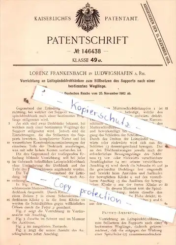 Original Patent  - L. Frankenbach in Ludwigshafen a. Rh. , 1902 , Leitspindeldrehbänke !!!