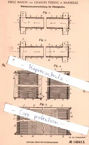 Original Patent  - E. Maslin und Charles Theryc in Marseille , 1902 , Wärmeaustauschvorrichtung !!!