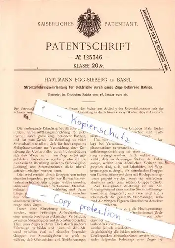 Original Patent  - Hartmann EGG-Sieberg in Basel , 1900 , Stromzuführungseinrichtung !!!