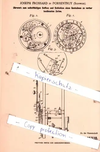 Original Patent  - J. Frossard in Porrentruy , Schweiz , 1901 , Oeffnen und Schließen eines Gashahnes !!!